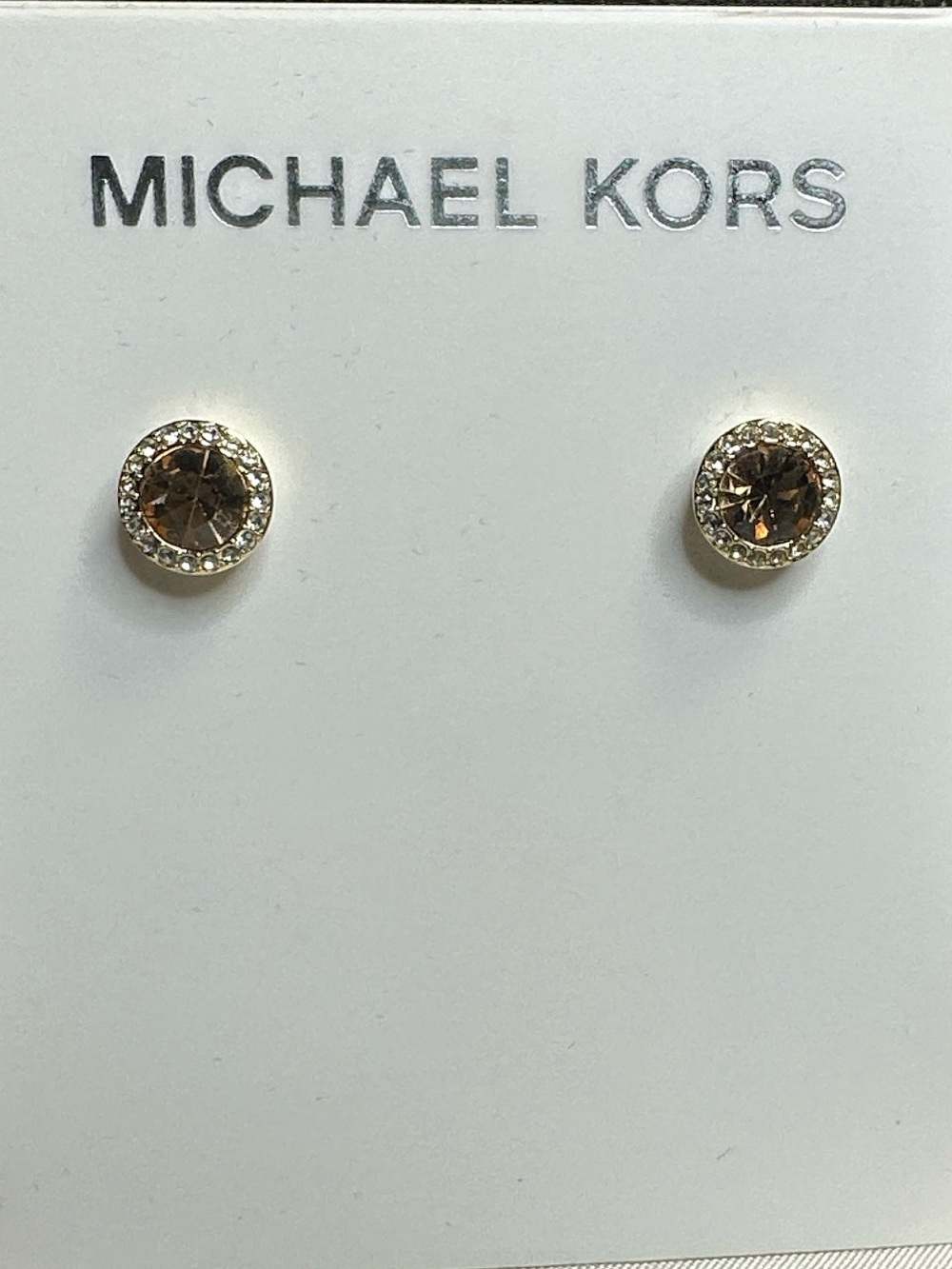 Michael Kors Gold Studs Earrings Halo” pave crystals New! Amber